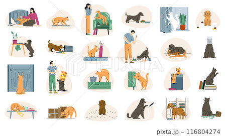 Pets bad behavior. Naughty dog and cat behavior, canine problem activities. Doggy chewing, damage home interior and things. Troubles in pet animals life. Flat vector set isolated on white background 116804274
