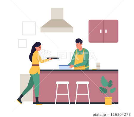 Family cooking home, preparing food. Young loving couple cooking together on kitchen. Every day routine, love and relations. Cartoon flat vector Illustration 116804278
