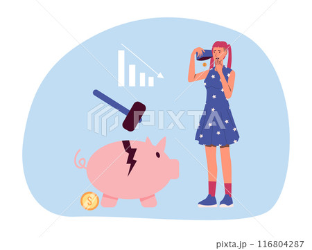 Financial crisis concept. Broken piggy bank and declining chart, loss of money vector concept, bankruptcy, onset of poverty, budget recession, market fall . Bad economy and lower investment costs 116804287