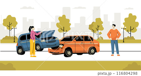 Road traffic accident. Upset drivers standing near crashed cars. Car crash on road. Vehicle is broken in city. Smashed auto on highway. Collision of vehicles, wreck. Automobile damaged vector concept Road traffic accident. Upset drivers standing near crashed cars. Car crash on road. Vehicle is broken in city. Smashed auto on highway. Collision of vehicles, wreck. Automobile damaged vector concept 116804298