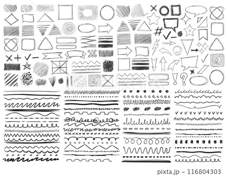 Hand drawn lines. Black crayon charcoal underlines, geometric shapes. Doodle lines with grunge pastel pencil texture. Handwritten chalk scribbles rough strokes. Sketchy brushes isolated vector set 116804303