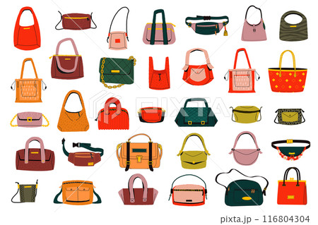 Women handbags. Fashionable leather bag isolated cartoon vector set. Bags and luxury clutch with zippers and pockets, handles. Casual lady stylish and elegance accessory big collection 116804304