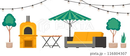 Cozy backyard with vintage cone fireplace and plants in pots House patio with furniture for picnic and sun umbrella with barbecue, green tree. Summer landscape of yard. Vector cartoon illustration 116804307