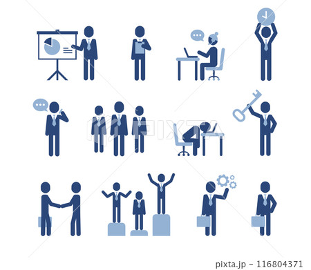 Business office workers. Corporate pictogram set. Business success pictograms in simple style. Characters talking and working at the computers vector icons. Business meeting concept. 116804371