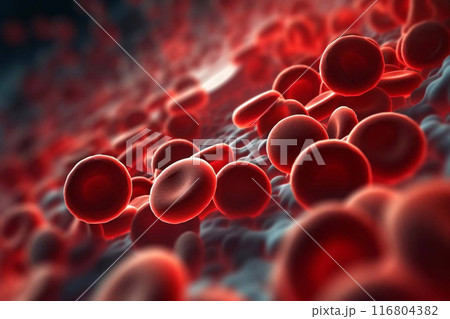 Red blood cells flowing through vein. Blood under the microscope. Blood test. Red blood cells flowing through vein. Blood under the microscope. Blood test. 116804382