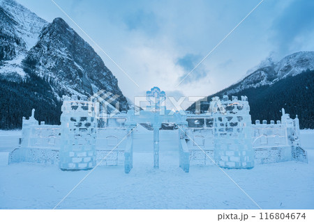 Skating rink and carved ice castle on Lake Louise in winter Skating rink and carved ice castle on Lake Louise in winter 116804674