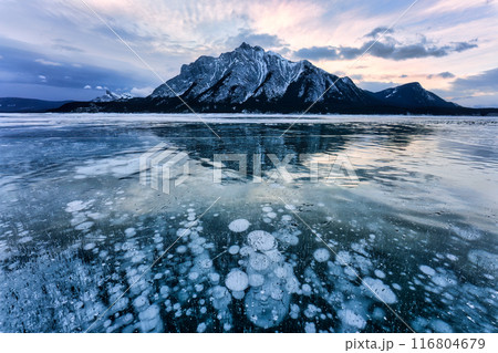 Natural bubbles frost on frozen Abraham Lake with rocky mountains in winter at Canada 116804679