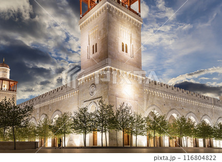 King Hussein Bin Talal mosque in Amman (at night), Jordan.  Against the background of a beautiful sky with clouds 116804822