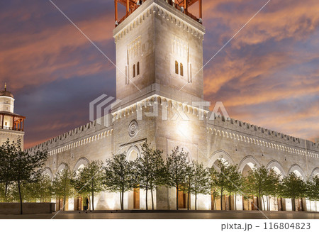 King Hussein Bin Talal mosque in Amman (at night), Jordan. Against the background of a beautiful sky with clouds King Hussein Bin Talal mosque in Amman (at night), Jordan. Against the background of a beautiful sky with clouds 116804823