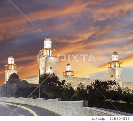 King Hussein Bin Talal mosque in Amman (at night), Jordan.  Against the background of a beautiful sky with clouds 116804838