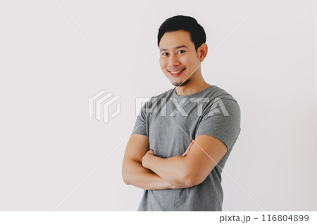 Smart smile man cross arms feels happy and confident isolated on white. 116804899