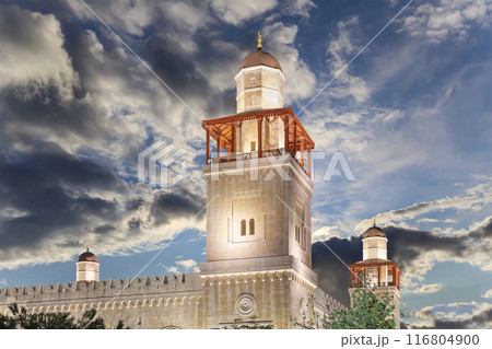 King Hussein Bin Talal mosque in Amman (at night), Jordan.  Against the background of a beautiful sky with clouds 116804900
