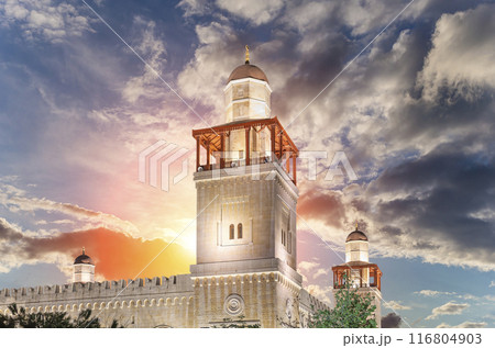King Hussein Bin Talal mosque in Amman (at night), Jordan.  Against the background of a beautiful sky with clouds 116804903