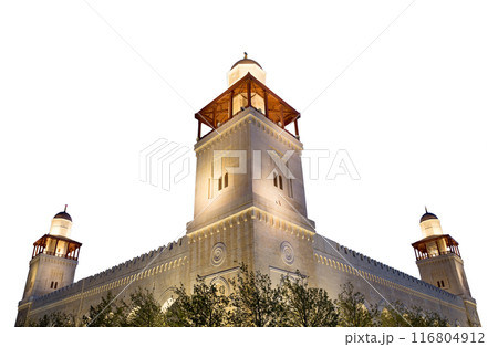 King Hussein Bin Talal mosque in Amman (at night), Jordan.  On white background 116804912