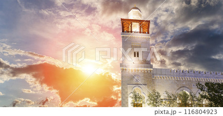 King Hussein Bin Talal mosque in Amman (at night), Jordan.  Against the background of a beautiful sky with clouds 116804923