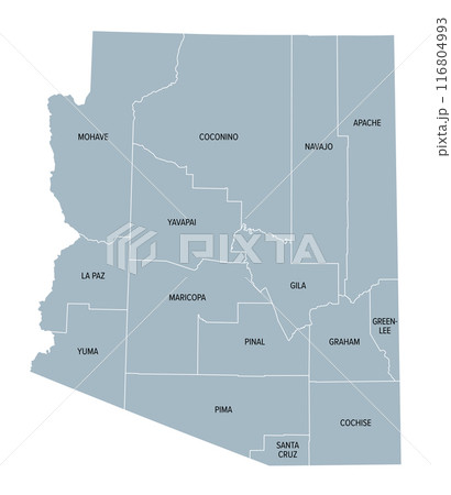 Arizona counties, gray political map. Landlocked state nicknamed Grand Canyon State, in the Southwestern region of the United States, subdivided into 15 counties. Map with boundaries and county names. Arizona counties, gray political map. Landlocked state nicknamed Grand Canyon State, in the Southwestern region of the United States, subdivided into 15 counties. Map with boundaries and county names. 116804993