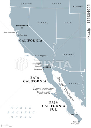 The Californias, a region of North America, gray political map. Spanning the United States and Mexico, consisting of U.S. state California and Mexican states Baja California and Baja California Sur. The Californias, a region of North America, gray political map. Spanning the United States and Mexico, consisting of U.S. state California and Mexican states Baja California and Baja California Sur. 116804996