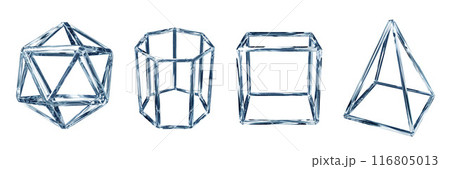 3D futuristic grid object set, geometric shapes, transparent crystal holographic abstract wireframe. 3D futuristic grid object set, geometric shapes, transparent crystal holographic abstract wireframe. 116805013