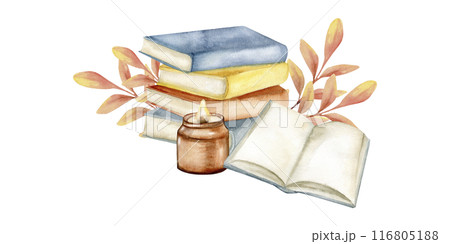 Cozy autumn composition with books stroke, candle light in glass and colorful red autumn leaves watercolor illustration. Hand drawn fall collection for stationery, packing, greeting card Cozy autumn composition with books stroke, candle light in glass and colorful red autumn leaves watercolor illustration. Hand drawn fall collection for stationery, packing, greeting card 116805188