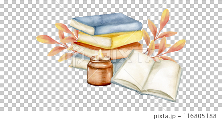 Cozy autumn composition with books stroke, candle light in glass and colorful red autumn leaves watercolor illustration. Hand drawn fall collection for stationery, packing, greeting card 116805188
