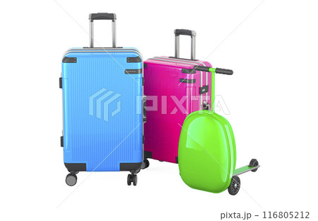Family travel, concept. Luggages and Scooter Suitcase. 3D rendering Family travel, concept. Luggages and Scooter Suitcase. 3D rendering 116805212