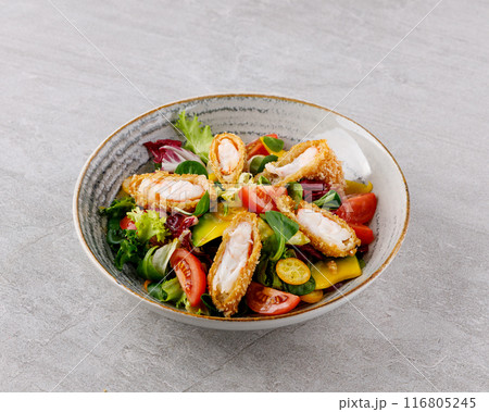 salad with panko shrimp, avocado and mango on a gray background for the restaurant menu, salad with panko shrimp, avocado and mango on a gray background for the restaurant menu, 116805245