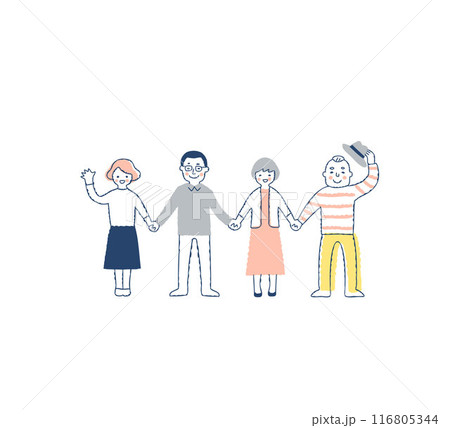 手を繋いでいる笑顔の男女4人 116805344