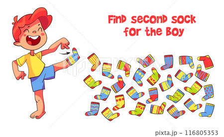 Find two same items. Find second sock for boy. Find other pair. Educational game for kids Find two same items. Find second sock for boy. Find other pair. Educational game for kids 116805353