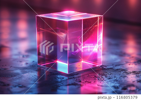 Transparent isometric 3d cube on a flat surface 116805379