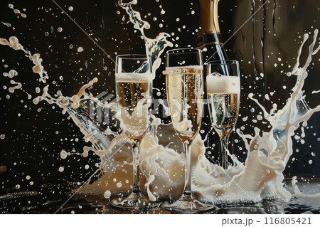 Champagne Glasses Splashing with Bubbles and Liquid Splash Effects in Artistic Design 116805421