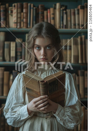 Young Woman Reading Book in Vintage Library 116805464