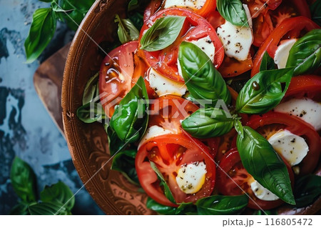 Fresh Caprese Salad with Tomatoes, Mozzarella, and Basil on Rustic Dark Table 116805472