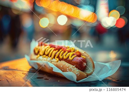 Street Food Hotdog with Mustard and Relish on Urban Night Background Street Food Hotdog with Mustard and Relish on Urban Night Background 116805474