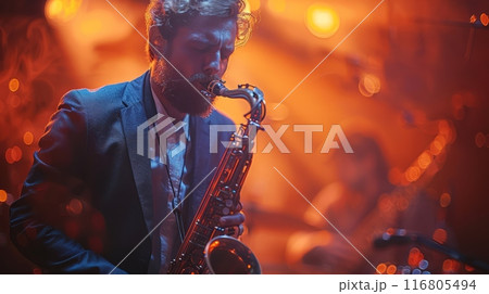 Saxophonist Playing on a Festive Street 116805494