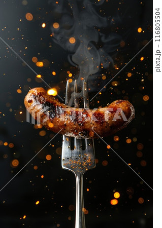Juicy Grilled Sausage on Fork with Smoke and Flaming Sparks 116805504