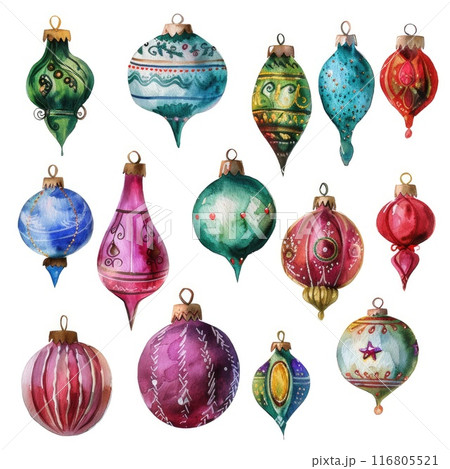 Colorful Watercolor Illustration of Christmas Ornaments Set 116805521