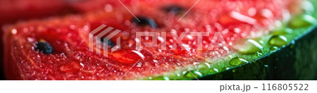 Vibrant Watermelon Slice Close-up with Glistening Juice Droplets 116805522