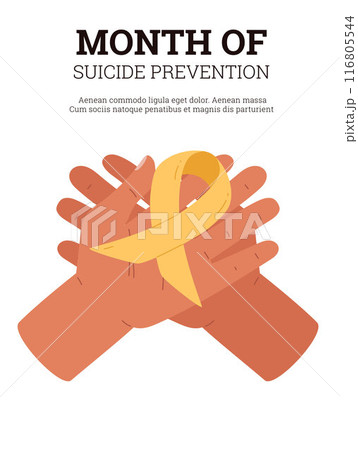 Month of suicide prevention vector awareness poster, psychological help, mental health support, handclasp yellow ribbon 116805544