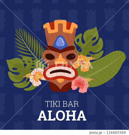 Tiki mask with tropical leaves and hibiscus flowers, vector cartoon poster Tiki bar Aloha, tribal wooden carved totem 116805569