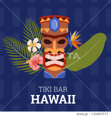 Vector illustrations of wooden idol face with of leaves and flowers on a blue background 116805571