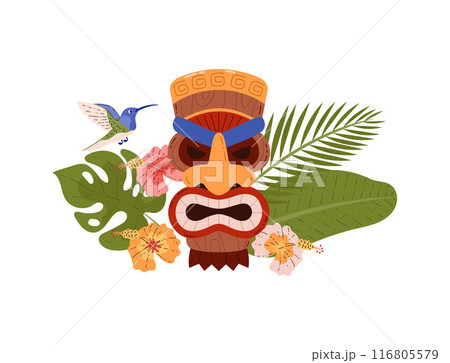 Vector illustration of a cartoon tiki totem mask decorated with greenery and flowers Vector illustration of a cartoon tiki totem mask decorated with greenery and flowers 116805579