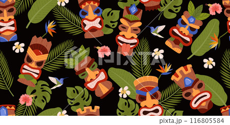 Vector seamless pattern of Tiki mask, tropical leaves, birds. 116805584