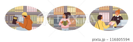 Cute girl in library or bookstore vector set, cartoon child choosing books on bookshelf, education reading in oval frame 116805594