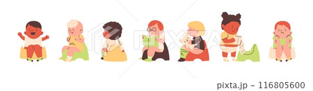 Cute baby boys and girls sitting on the potty vector set, cartoon angry and smile toddler learning to use potty, hygiene Cute baby boys and girls sitting on the potty vector set, cartoon angry and smile toddler learning to use potty, hygiene 116805600