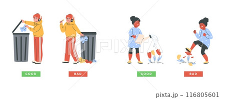 Set of teenage characters showing right and wrong actions on isolated background. 116805601