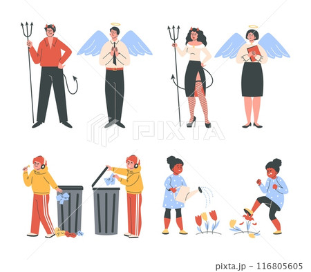 Set of characters: angels, devils and teenagers with moral actions. 116805605