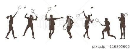 Set of black silhouettes of badminton players in action. Set of black silhouettes of badminton players in action. 116805606
