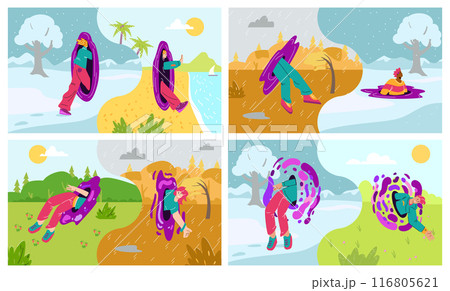 Set of people using teleport or portal to travel through seasons flat style 116805621