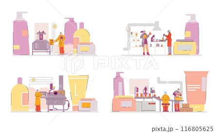 Set of scenes about cosmetics production flat style, vector illustration Set of scenes about cosmetics production flat style, vector illustration 116805625