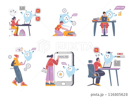 Set of children and teens learning with AI assistant flat style 116805628